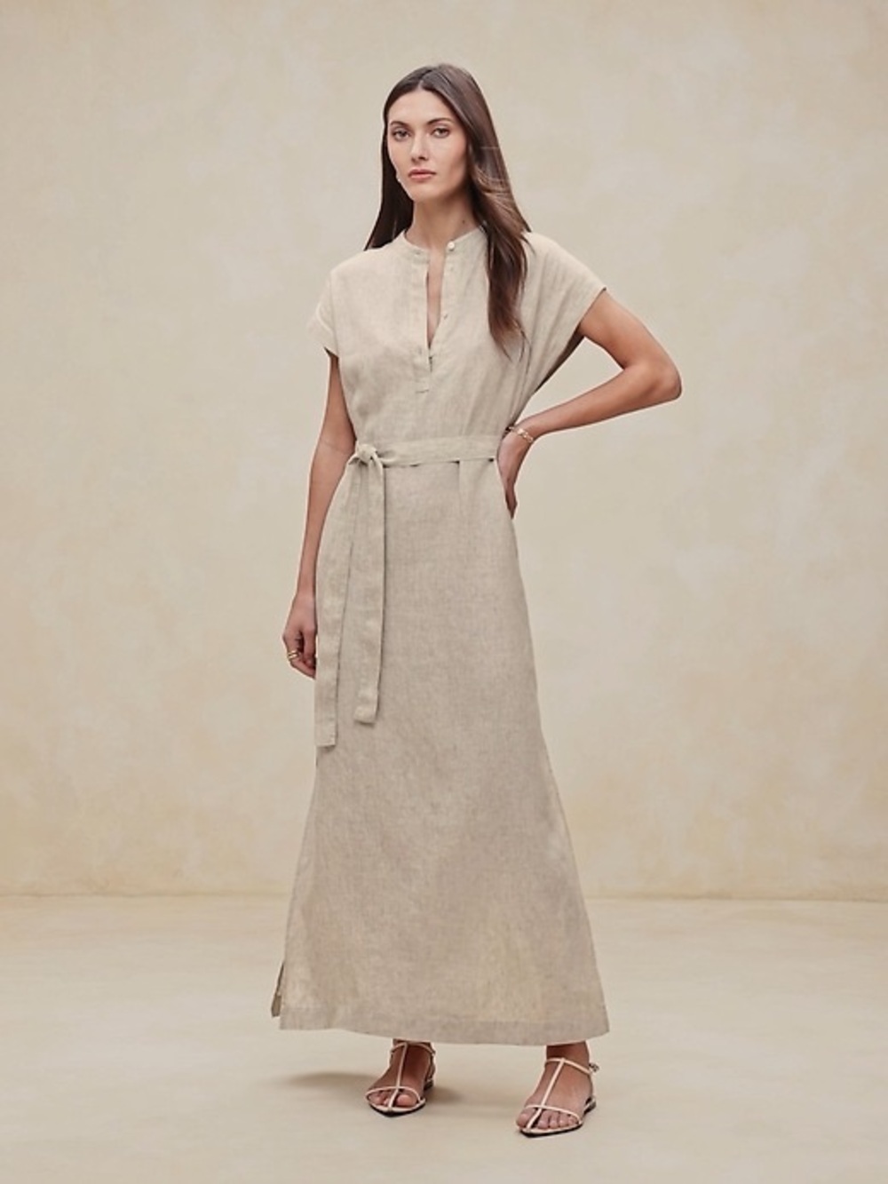 Banana Republic Sandstone Linen Belted Maxi Dress